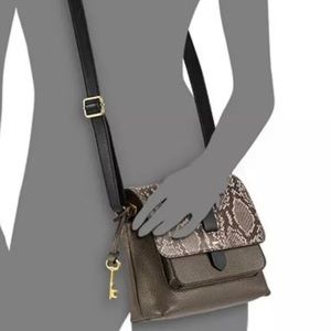 Fossil kinley leather crossbody bag taupe snake black gold python print zip